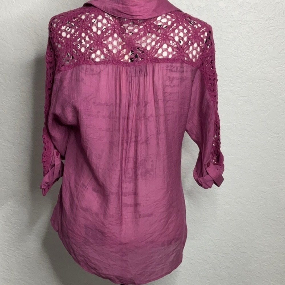 359- Kut from the Kloth NWT Purple Sheer Open Lace Long Sleeve Henley Size Small - Picture 2 of 5